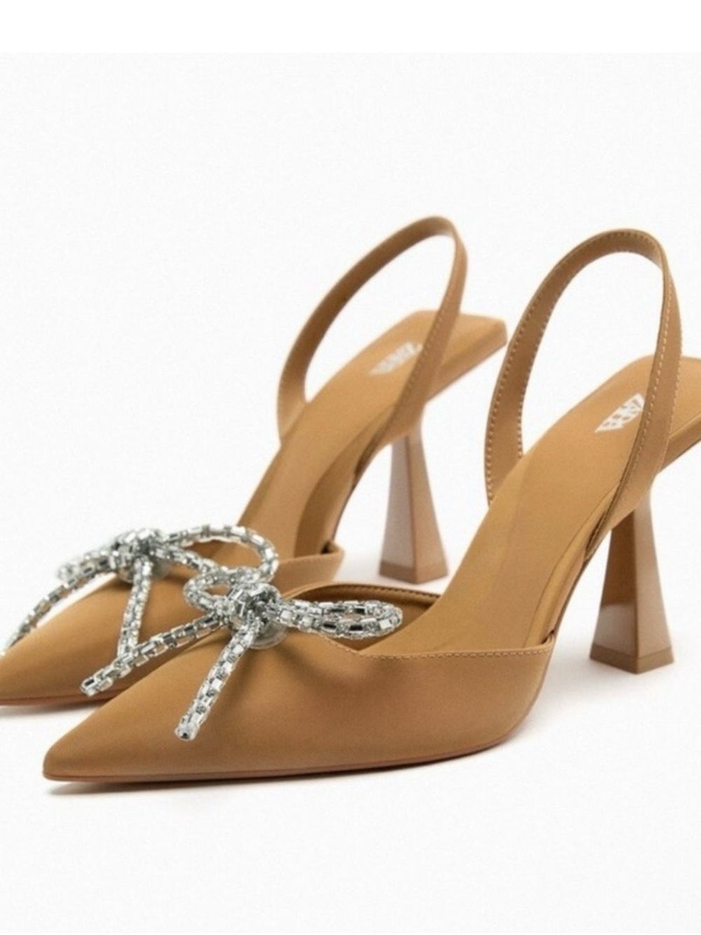 Zara Slingback Pointed Toe Heels with Crystal Bow - Tan size 9 40